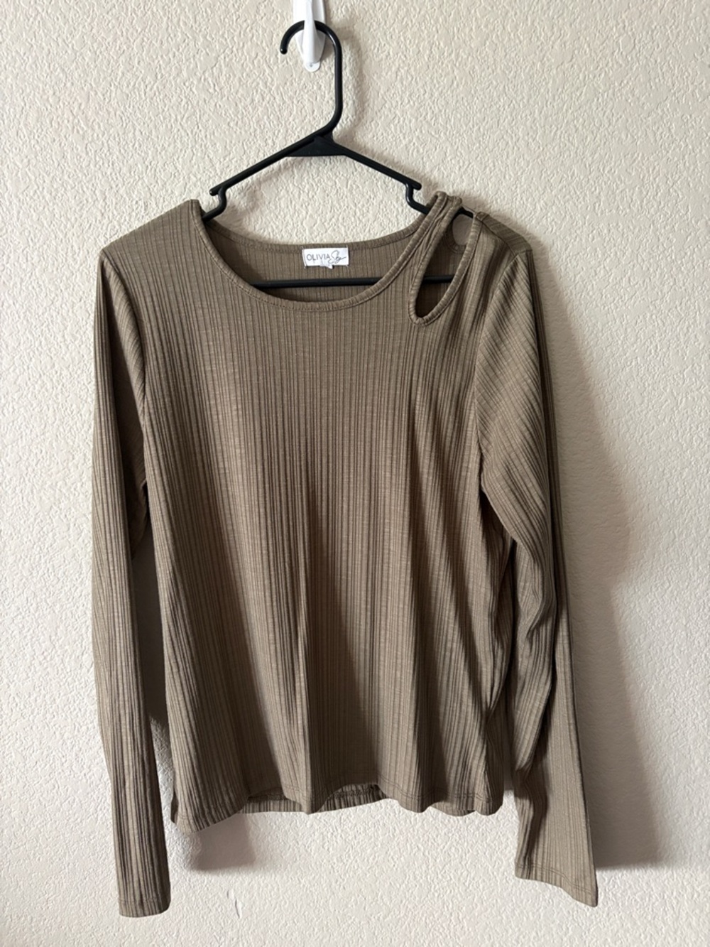 Olivia + Joy Ribbed Long-Sleeve Top with Shoulder Cutout in Olive Green